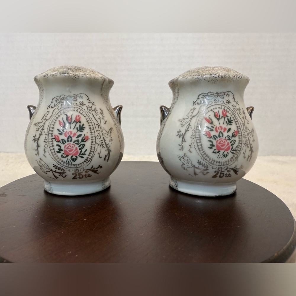 Vintage Enesco “25th Anniversary” salt & pepper shakers silver with pink florals